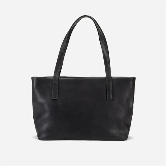 Black Leather Carryall Crossbody Tote with Laptop Compartment