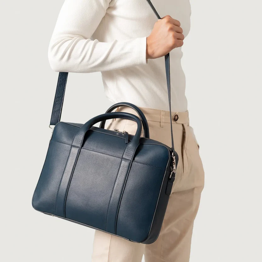 Captain Midnight Blue Leather Briefcase with Structured Carry Design